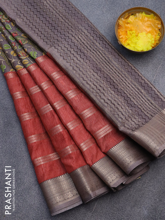 Semi crepe saree grey and red shade with kalamkari prints and long zari woven simple border