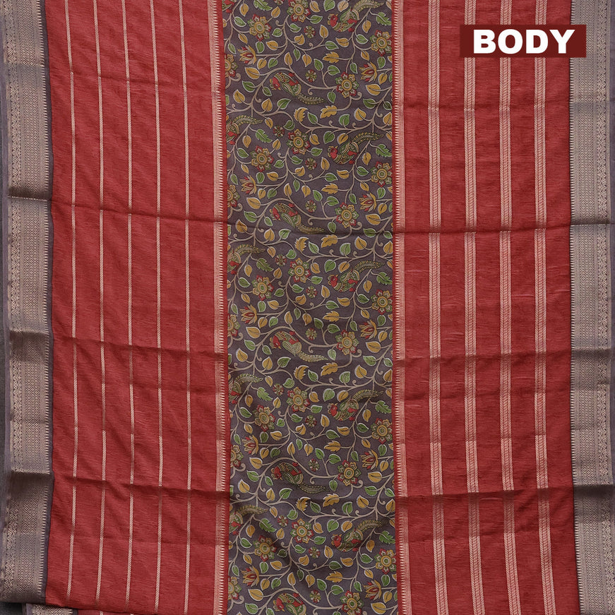 Semi crepe saree grey and red shade with kalamkari prints and long zari woven simple border