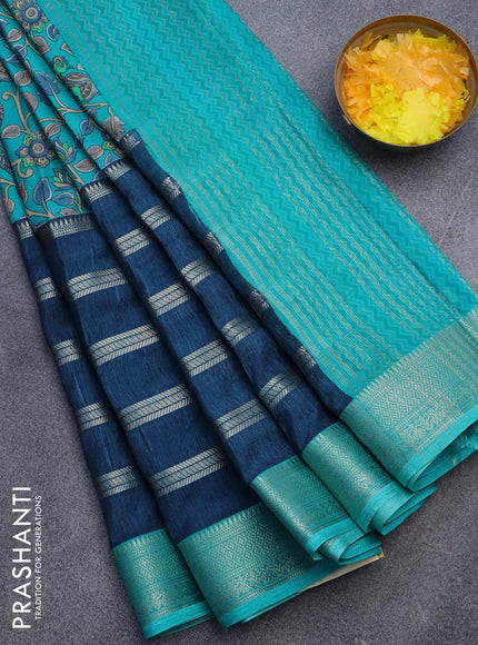 Semi crepe saree teal blue and dark blue with kalamkari prints and long zari woven simple border