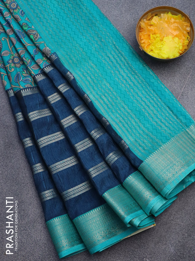 Semi crepe saree teal blue and dark blue with kalamkari prints and long zari woven simple border