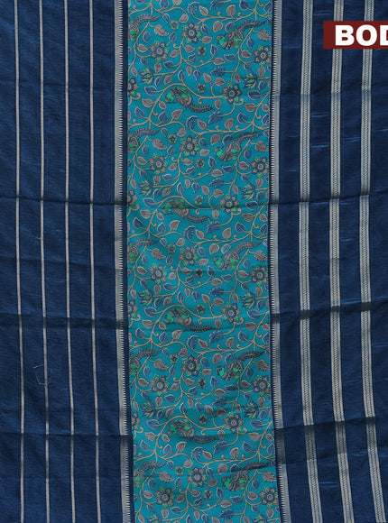 Semi crepe saree teal blue and dark blue with kalamkari prints and long zari woven simple border