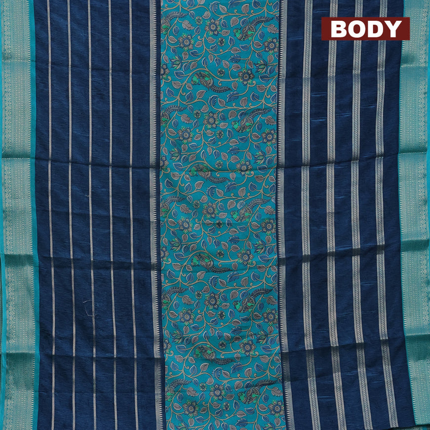 Semi crepe saree teal blue and dark blue with kalamkari prints and long zari woven simple border