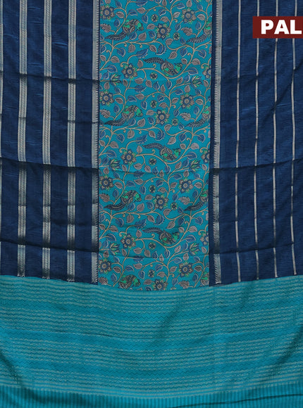 Semi crepe saree teal blue and dark blue with kalamkari prints and long zari woven simple border