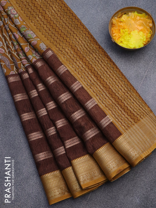 Semi crepe saree dark mustard and brown with kalamkari prints and long zari woven simple border