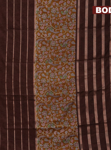 Semi crepe saree dark mustard and brown with kalamkari prints and long zari woven simple border