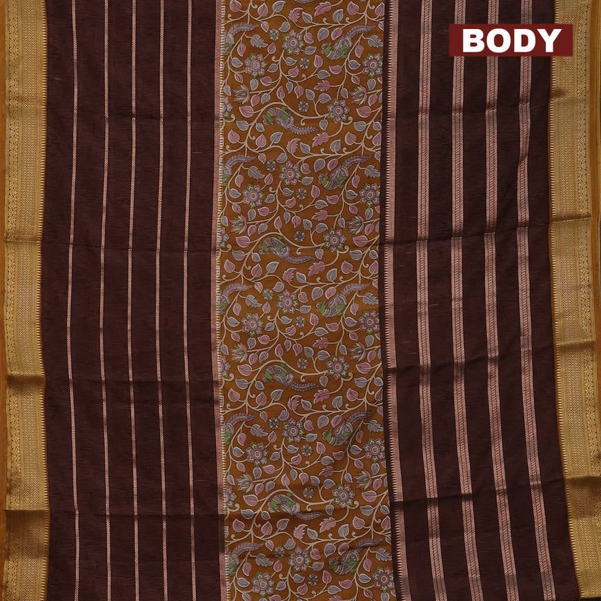 Semi crepe saree dark mustard and brown with kalamkari prints and long zari woven simple border