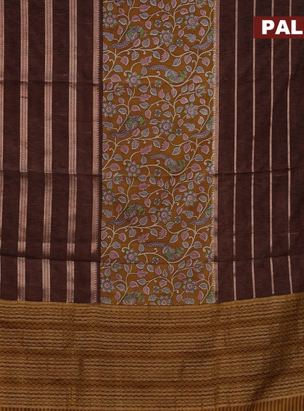 Semi crepe saree dark mustard and brown with kalamkari prints and long zari woven simple border