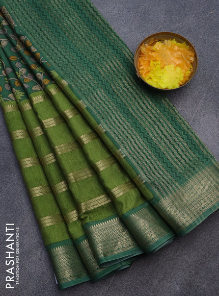 Semi crepe saree green and light green with kalamkari prints and long zari woven simple border