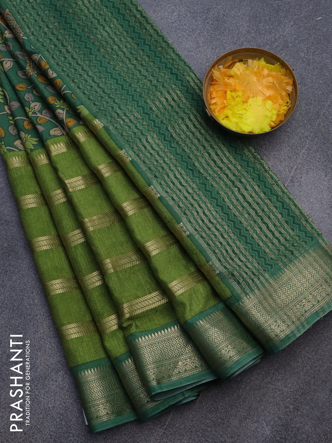 Semi crepe saree green and light green with kalamkari prints and long zari woven simple border