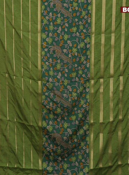 Semi crepe saree green and light green with kalamkari prints and long zari woven simple border