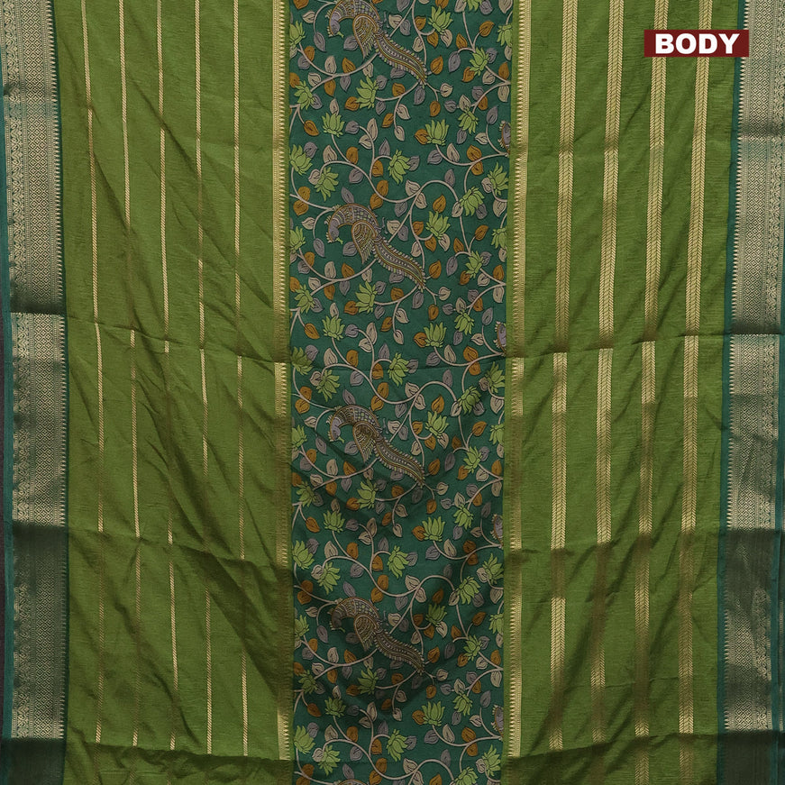 Semi crepe saree green and light green with kalamkari prints and long zari woven simple border