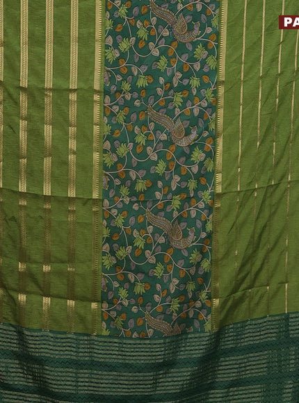 Semi crepe saree green and light green with kalamkari prints and long zari woven simple border