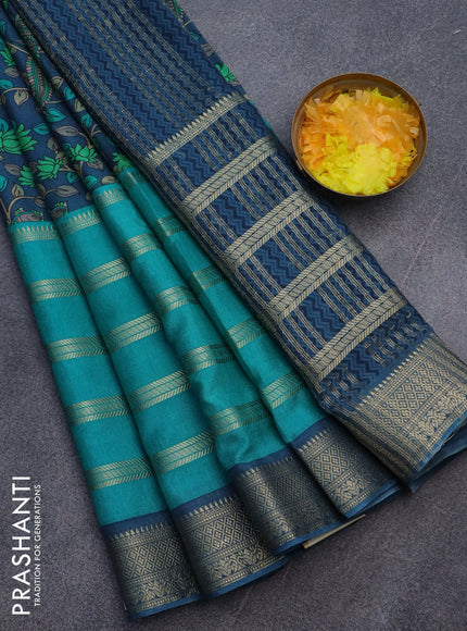 Semi crepe saree blue shade and teal blue with kalamkari prints and long zari woven simple border