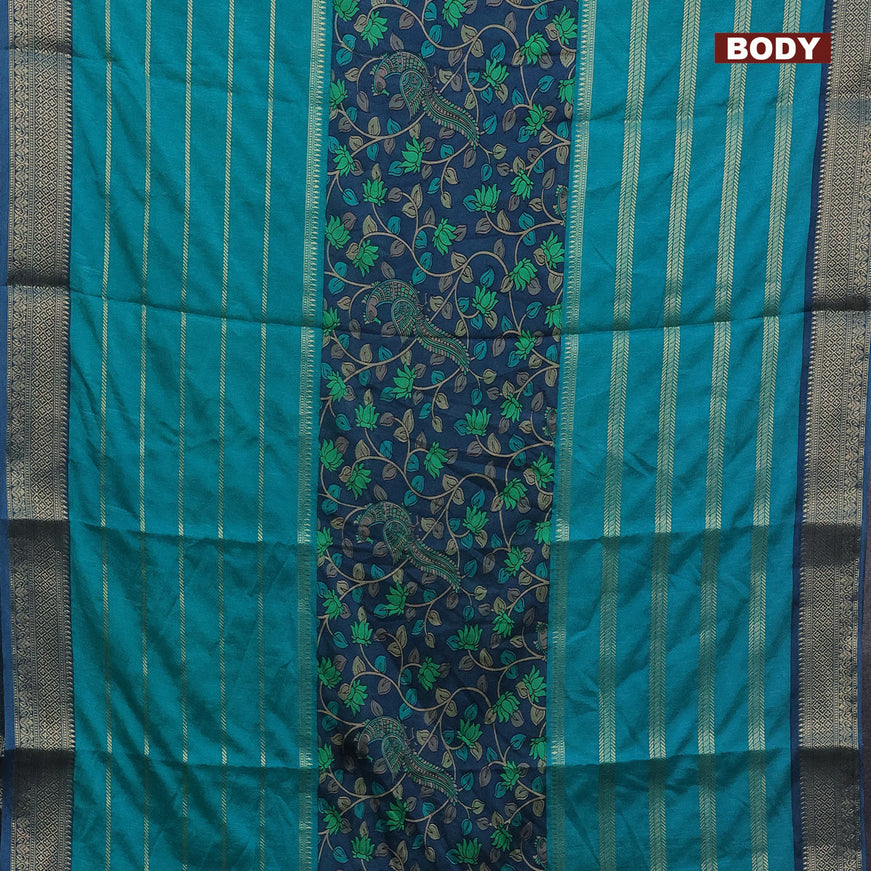 Semi crepe saree blue shade and teal blue with kalamkari prints and long zari woven simple border