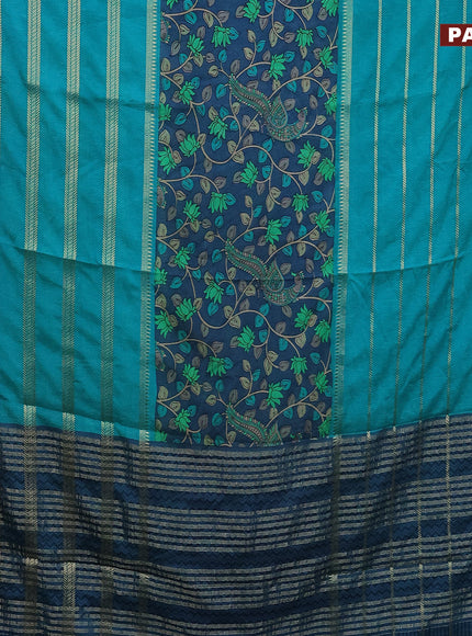 Semi crepe saree blue shade and teal blue with kalamkari prints and long zari woven simple border