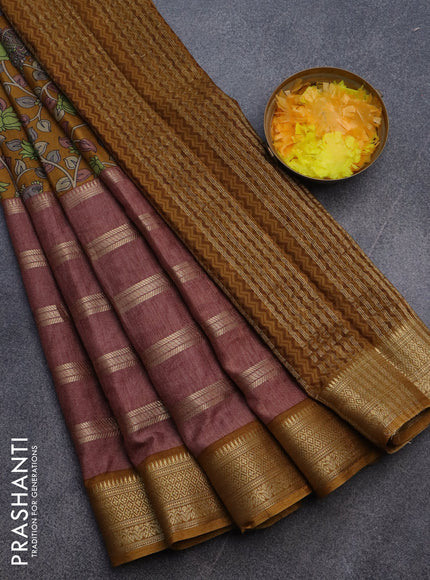 Semi crepe saree mustard shade and rosy brown with kalamkari prints and long zari woven simple border