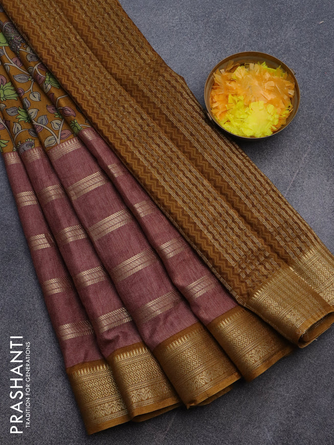 Semi crepe saree mustard shade and rosy brown with kalamkari prints and long zari woven simple border