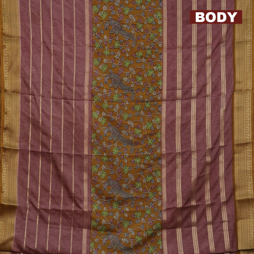 Semi crepe saree mustard shade and rosy brown with kalamkari prints and long zari woven simple border