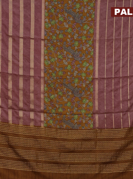 Semi crepe saree mustard shade and rosy brown with kalamkari prints and long zari woven simple border