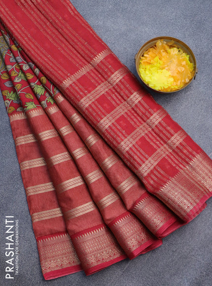 Semi crepe saree red and rust shade with kalamkari prints and long zari woven simple border