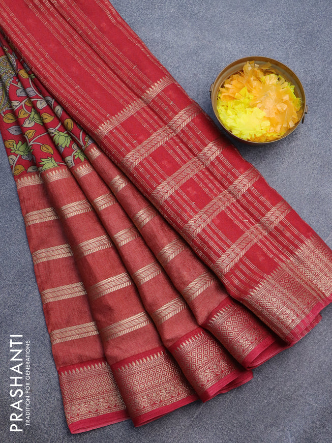 Semi crepe saree red and rust shade with kalamkari prints and long zari woven simple border