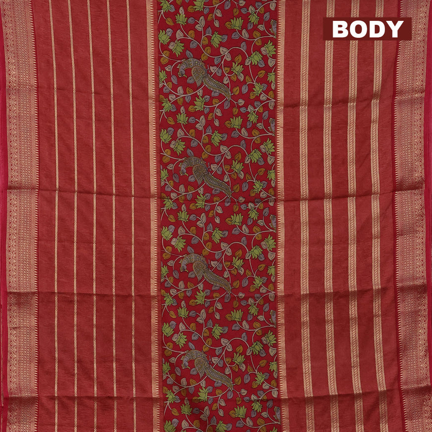 Semi crepe saree red and rust shade with kalamkari prints and long zari woven simple border