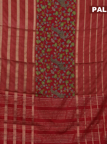 Semi crepe saree red and rust shade with kalamkari prints and long zari woven simple border