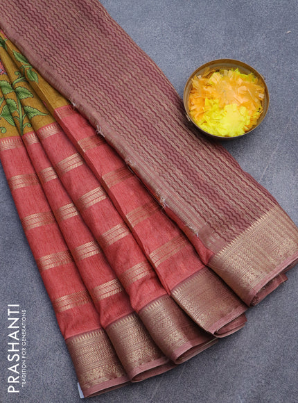 Semi crepe saree mustard shade and peach shade brown with kalamkari prints and long zari woven simple border