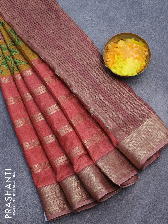 Semi crepe saree mustard shade and peach shade brown with kalamkari prints and long zari woven simple border