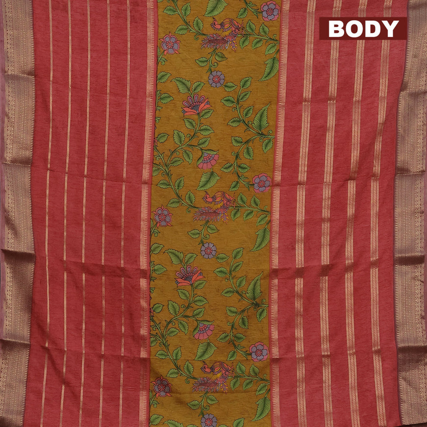 Semi crepe saree mustard shade and peach shade brown with kalamkari prints and long zari woven simple border