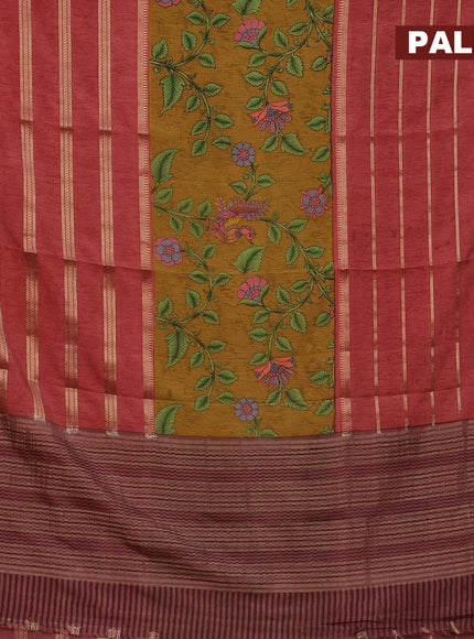 Semi crepe saree mustard shade and peach shade brown with kalamkari prints and long zari woven simple border