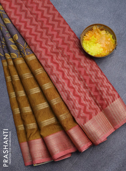 Semi crepe saree grey and mustard shade with kalamkari prints and long zari woven simple border