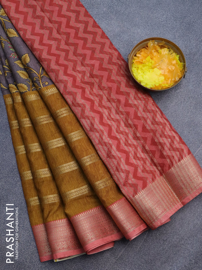 Semi crepe saree grey and mustard shade with kalamkari prints and long zari woven simple border