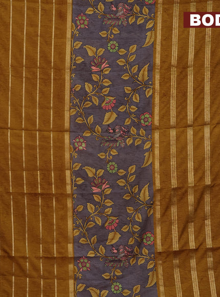 Semi crepe saree grey and mustard shade with kalamkari prints and long zari woven simple border