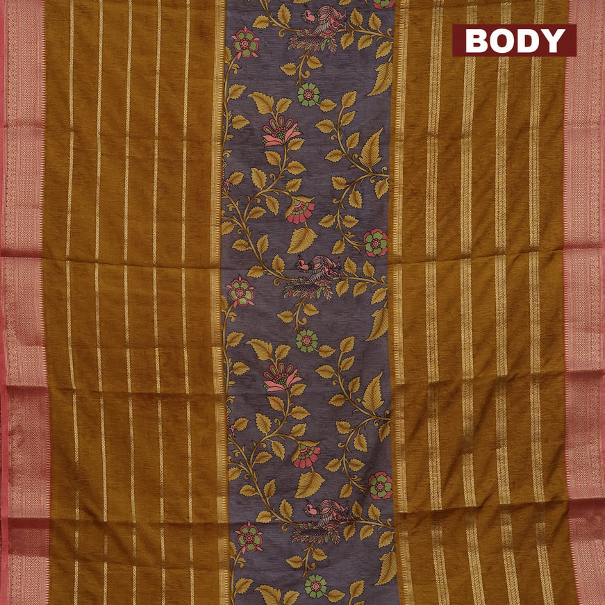 Semi crepe saree grey and mustard shade with kalamkari prints and long zari woven simple border