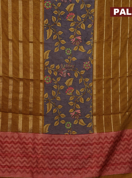 Semi crepe saree grey and mustard shade with kalamkari prints and long zari woven simple border