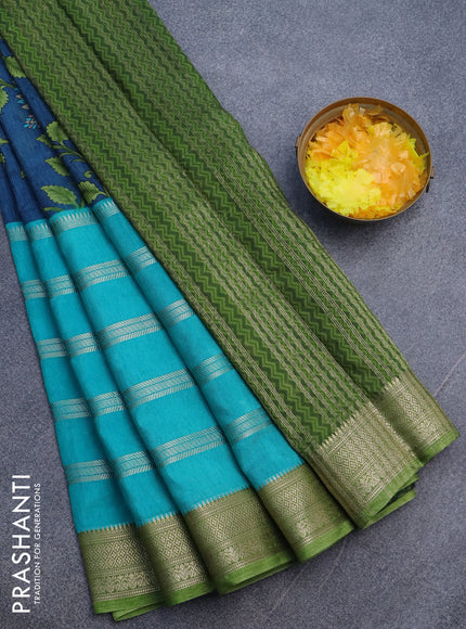 Semi crepe saree peacock blue and teal blue green with kalamkari prints and long zari woven simple border