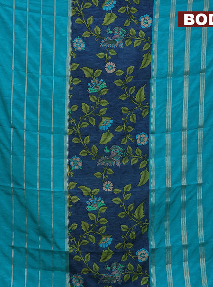 Semi crepe saree peacock blue and teal blue green with kalamkari prints and long zari woven simple border