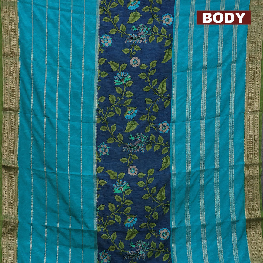 Semi crepe saree peacock blue and teal blue green with kalamkari prints and long zari woven simple border