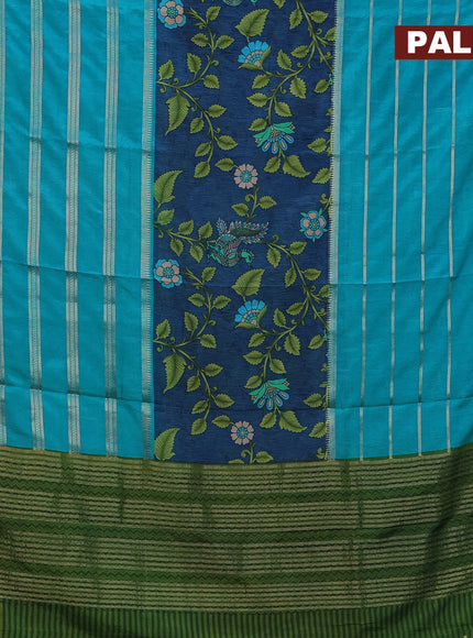 Semi crepe saree peacock blue and teal blue green with kalamkari prints and long zari woven simple border