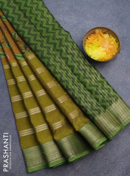 Semi crepe saree mustard shade and mehendi green with kalamkari prints and long zari woven simple border