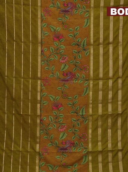 Semi crepe saree mustard shade and mehendi green with kalamkari prints and long zari woven simple border