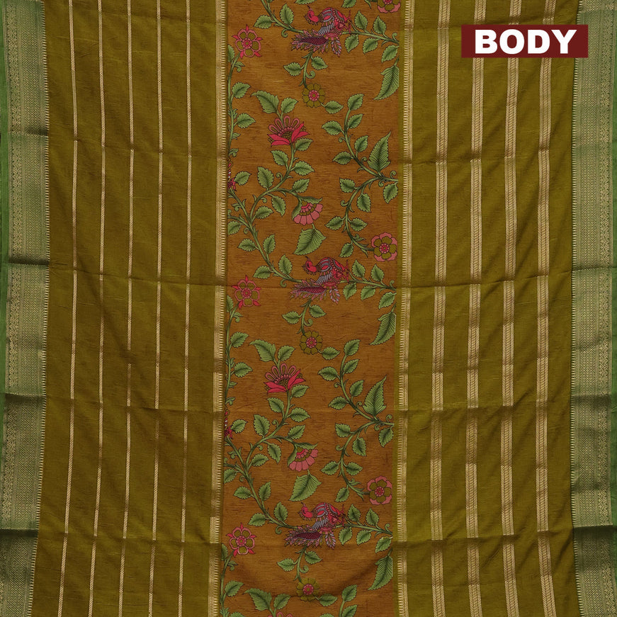 Semi crepe saree mustard shade and mehendi green with kalamkari prints and long zari woven simple border