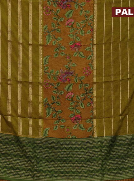 Semi crepe saree mustard shade and mehendi green with kalamkari prints and long zari woven simple border