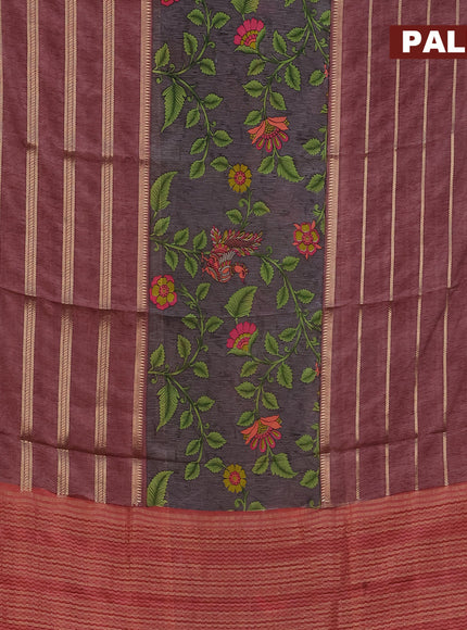 Semi crepe saree grey shade and pastel maroon shade with kalamkari prints and long zari woven simple border