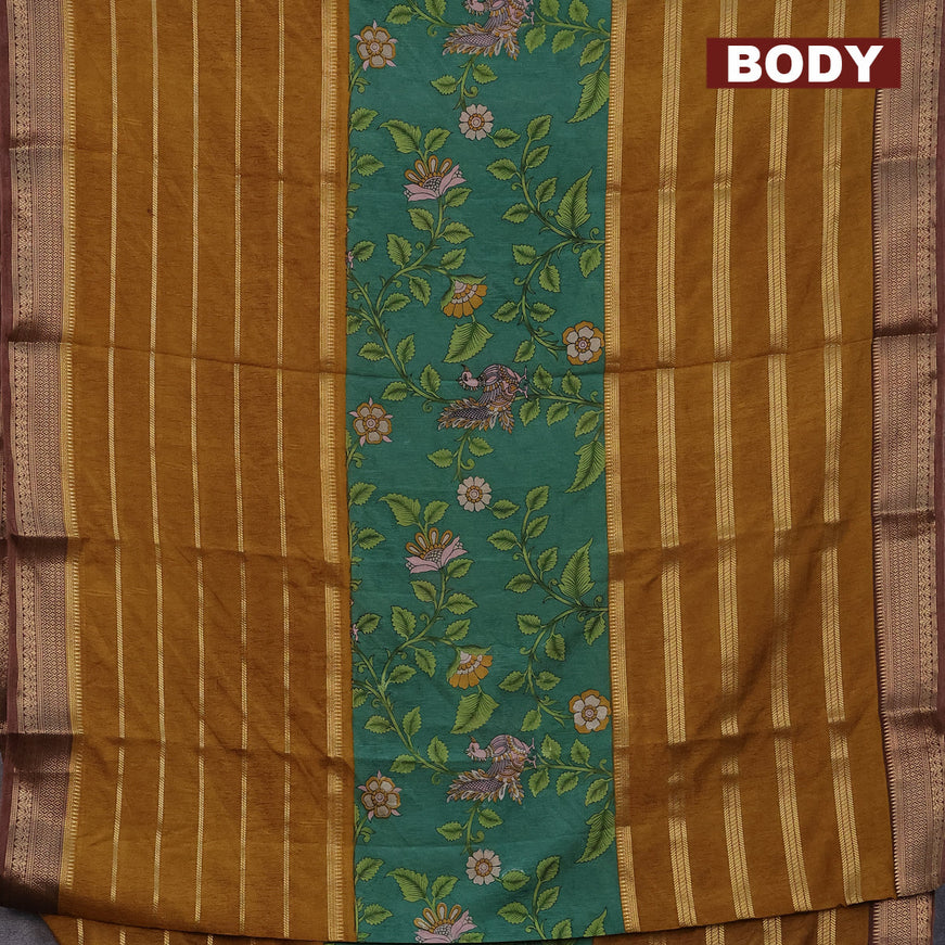 Semi crepe saree green and mustard shade brown with kalamkari prints and long zari woven simple border