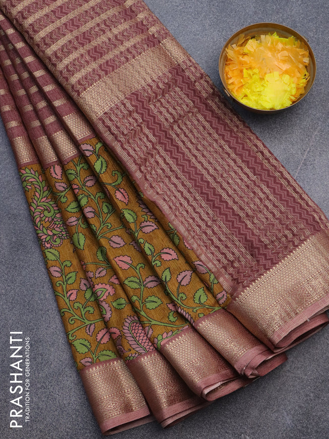 Semi crepe saree rosy brown and dark mustard with zari weaves and long kalamkari printed zari border