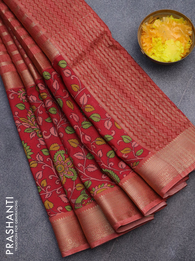 Semi crepe saree red shade and maroon with zari weaves and long kalamkari printed zari border