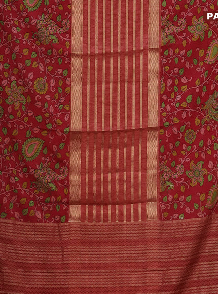 Semi crepe saree red shade and maroon with zari weaves and long kalamkari printed zari border