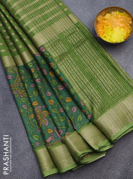 Semi crepe saree sap green and green with zari weaves and long kalamkari printed zari border